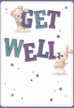 The sunny spirit of Finsbury shines through this playful get well card, where a smiling teddy bear and a floppy-eared pup radiate comfort and hope. Both characters spring to life among striking indigo and teal letters, the bear perched confidently atop 'GET' and the puppy balanced beneath 'WELL,' their faces brimming with the kind of affection that neighbours share along Rosebery Avenue. Soft, scattered stars in deep violets and cool blues light up the background, much like little bursts of hope found within a fresh bouquet from a local florist just off Exmouth Market. The duo's fur and floppy ears appear almost touchable, inviting the imagination to picture their gentle embrace. Delivered with the care you'd expect from a Finsbury floral shop, the card's bright, clean canvas and exuberant typography mirror the optimism of a well-tended garden. Together, the joyful artwork and its heartfelt message create a healing moment-perfect for brightening a friend's day or bringing a sense of connection to someone resting at home in the midst of the bustling city. This is more than a card; it's a warm wish sent from the heart of Finsbury.